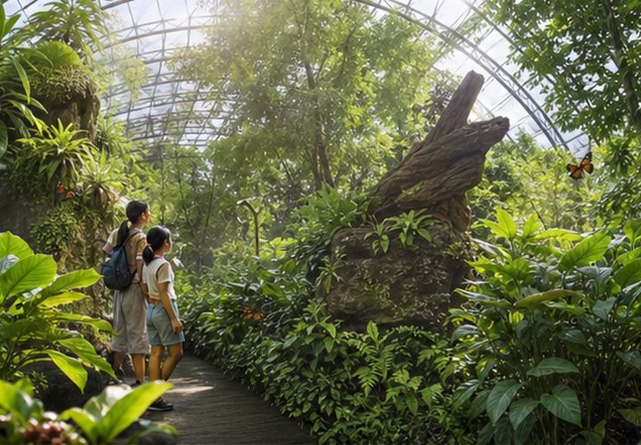 Lush rainforest biodome path