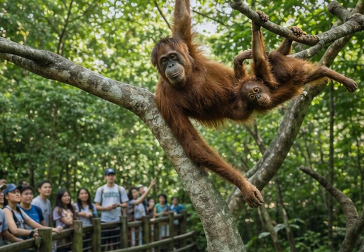 Orangutans moving through tall trees